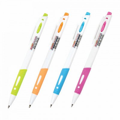 Ручка шариковая автоматическая с грипом STAFF «College BP-16 White», СИНЯЯ, ассорти, линия письма 0.35 мм, 143749