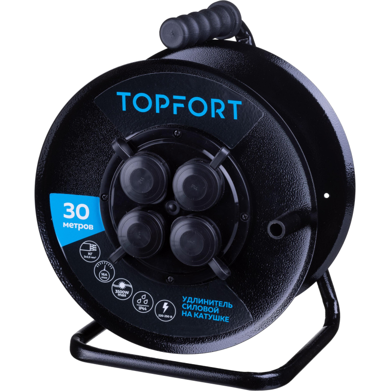 Удлинитель Topfort метал. КГ 3×2.5 кв. мм 30м 16А 4 гнезда с/з., с/загл., IP44
