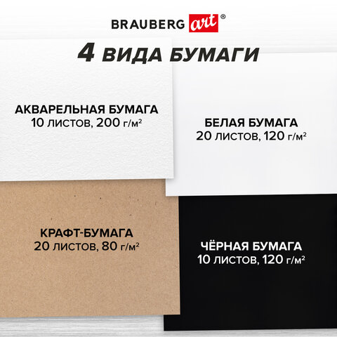 Скетчбук, 4 вида бумаги (акварельная, белая, черная, крафт) 145×205мм, 60л, гребень, BRAUBERG ART