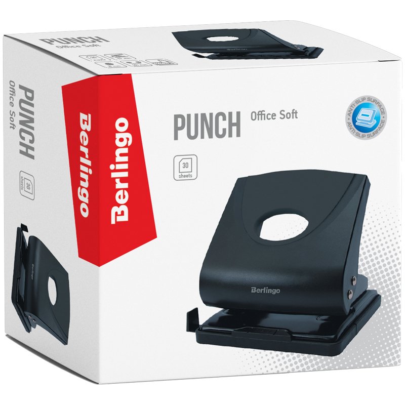 Дырокол Berlingo «Office Soft» 30л., пластиковый, черный, с линейкой