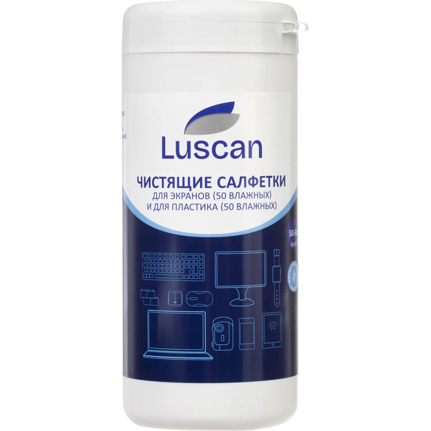 Салфетки влажные Luscan (50 штук для экранов и 50 штук для пластиковых поверхностей в тубе)