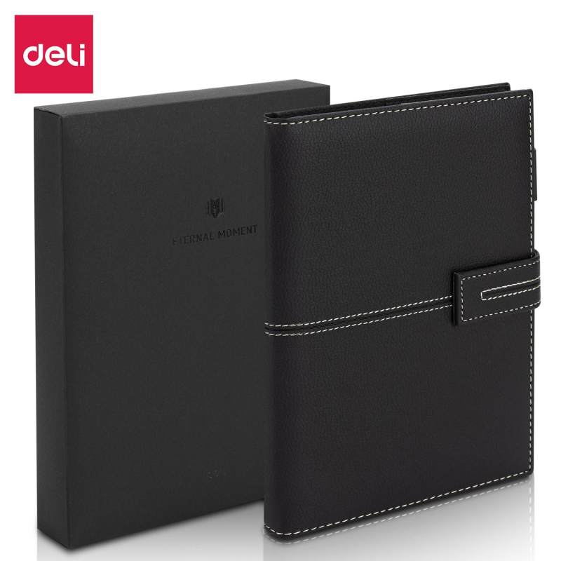 Блокнот Deli А5 120л 80 г/м твердая облож, клетка 5×5мм, черный кожа EN139G
