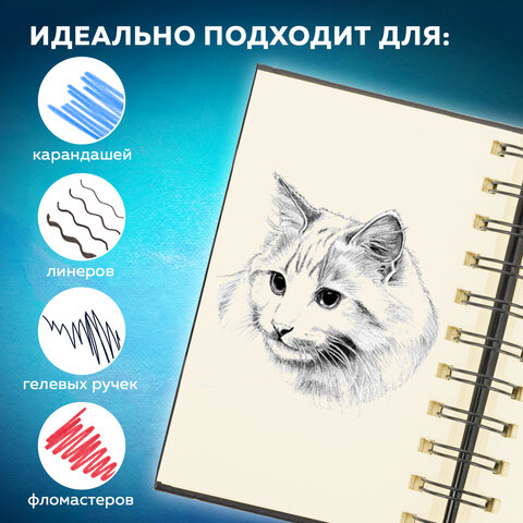 Скетчбук, слоновая кость 140 г/м2 90×140 мм, 80 л., КОЖЗАМ, гребень, BRAUBERG ART CLASSIC, черный