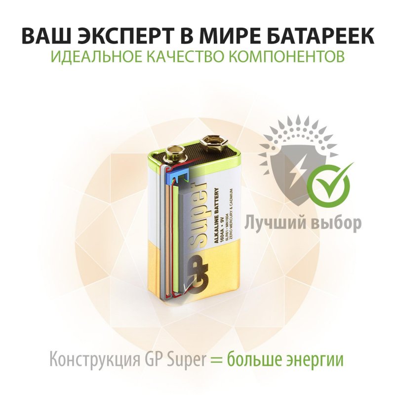 Батарейка GP Super F8/КРОНА/6LR61, 9В, алкалиновая, 1 шт. в блистере