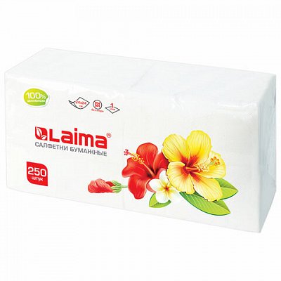 Салфетки бумажные, 250 шт., 24×24 см, ЛАЙМА, белые, 100% целлюлоза