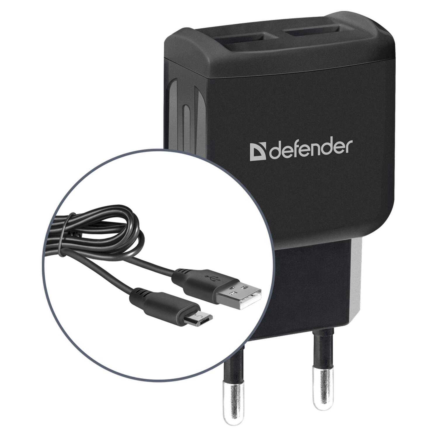 Зарядное устройство сетевое (220 В) DEFENDER UPC-21, кабель microUSB 1 м, выходной ток 2.1 А, черное