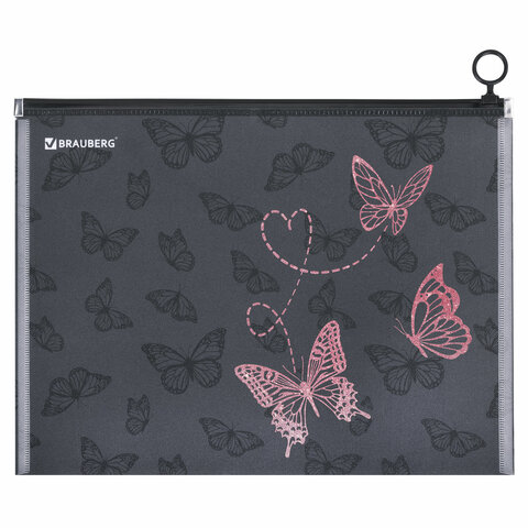 Папка для тетрадей BRAUBERG А4, 1 отделение, пластик, на zip-lock-молнии, «Neon butterflies»