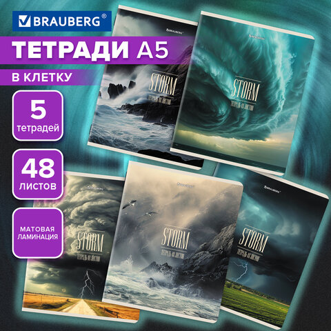 Тетради ДЭК А5 48 л. КОМПЛЕКТ 5 шт. BRAUBERG скоба, клетка, матовая ламинация, СТИХИИ