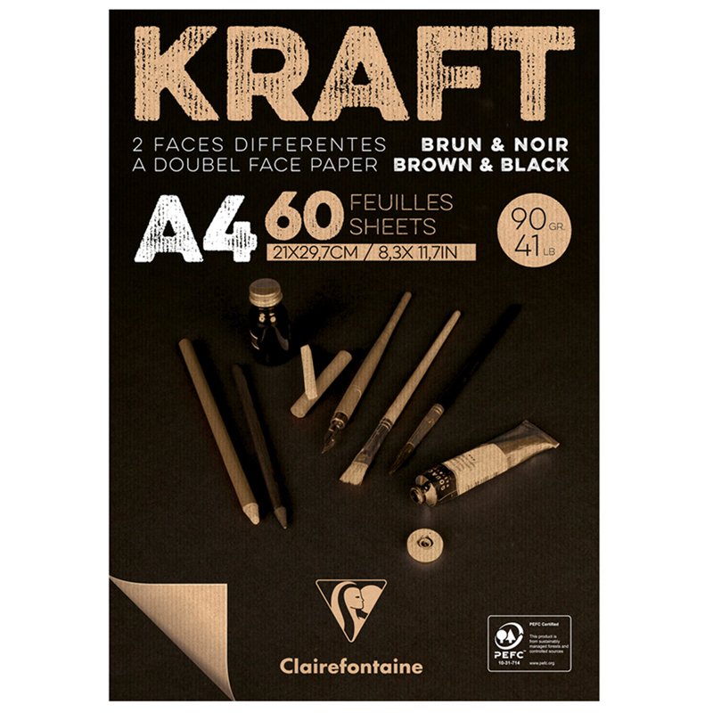 превью Блокнот для эскизов и зарисовок 60л. А4 на склейке Clairefontaine «Kraft», 90г/м2, верже, черный/крафт