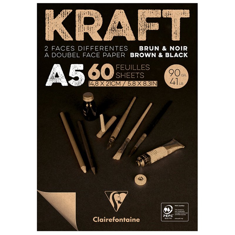 превью Блокнот для эскизов и зарисовок 60л. А5 на склейке Clairefontaine «Kraft», 90г/м2, верже, черный/крафт