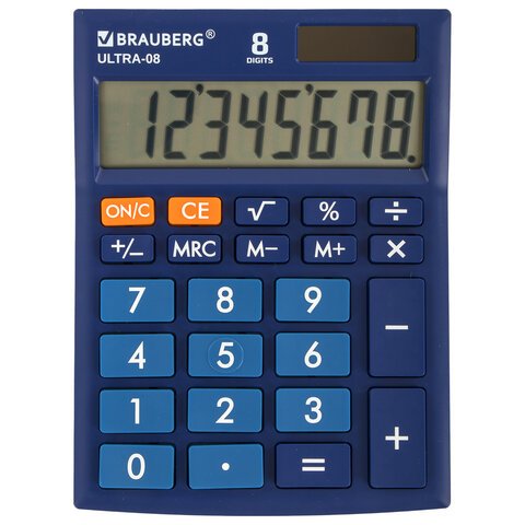 превью Калькулятор настольный BRAUBERG ULTRA-08-BU, КОМПАКТНЫЙ (154×115 мм), 8 разрядов, двойное питание, СИНИЙ