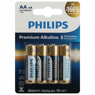 Батарейки алкалиновые «пальчиковые» КОМПЛЕКТ 4 шт., PHILIPS Premium Alkaline, АА (LR6, 24А), блистер