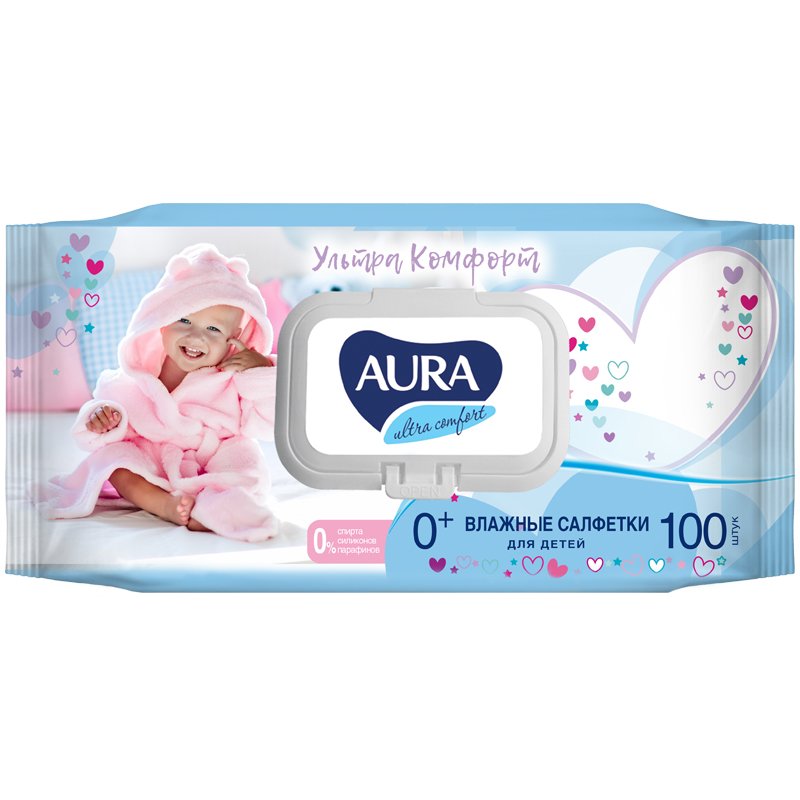 Влажные салфетки детские Aura Ultra comfort 100 штук в упаковке