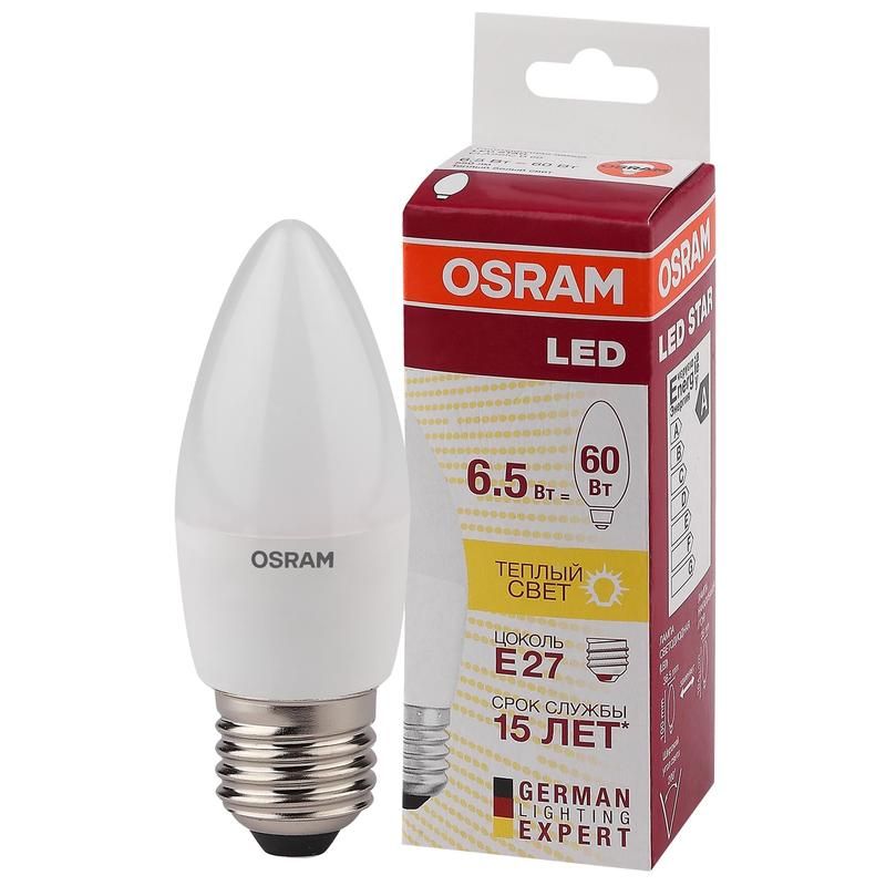 Лампа светодиодная Osram 6.5 Вт E27 свеча 3000 К теплый белый свет