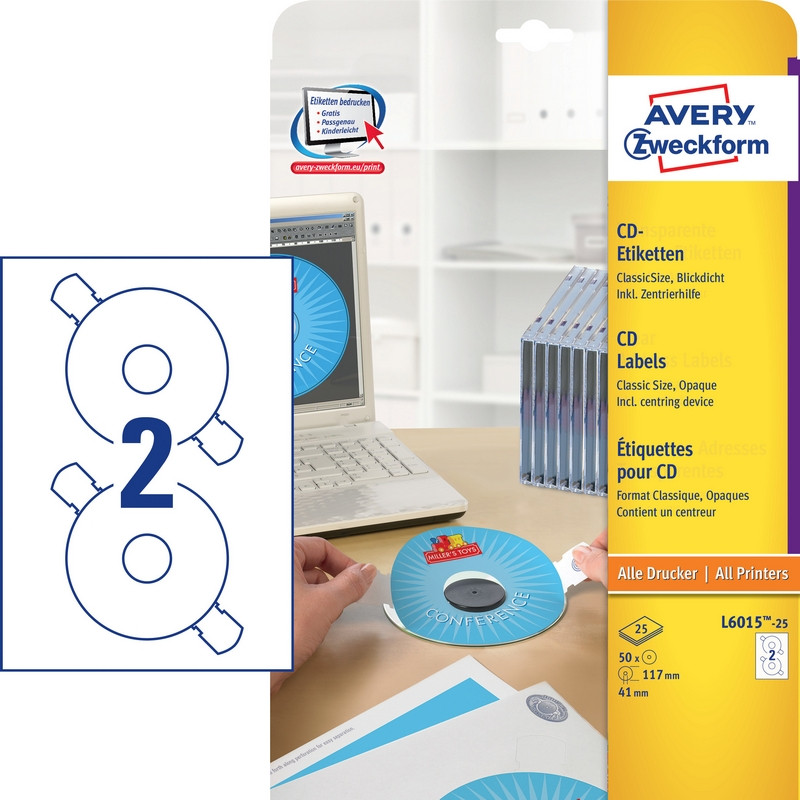 Этикетки самоклеящиеся для CD/DVD Avery Zweckform белые матовые диаметр 117 мм отверстие 41 мм (2 штуки на листе А4, 25 листов в упаковке, L6015-25)
