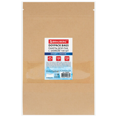 превью Пакеты дой-пак с замком ZIP LOCK, крафт с окном 60 мм, 180×260 + 40 мм, КОМПЛЕКТ 100 штук, 150 мкм, BRAUBERG