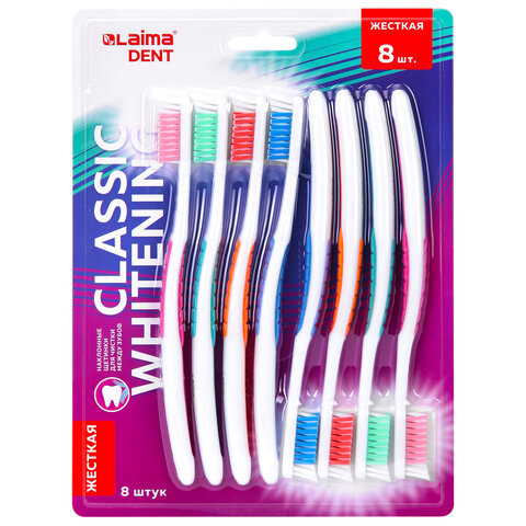 превью Зубная щетка жесткая CLASSIC WHITENING, безопасное отбеливание, КОМПЛЕКТ 8 шт., LAIMA DENT