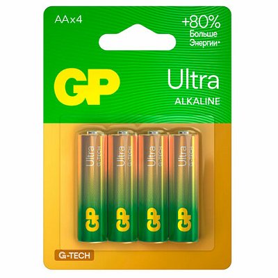 Батарейки КОМПЛЕКТ 4 шт., GP Ultra G-Tech, AA (LR6, 15А), алкалиновые, пальчиковые
