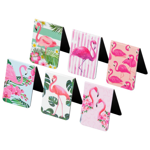 Закладки для книг МАГНИТНЫЕ, «FLAMINGO», набор 6 шт., 35×25 мм, BRAUBERG