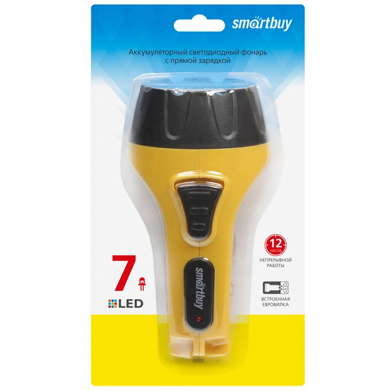 Фонарь Smartbuy SBF-86-Y, светодиодный, аккумуляторный, 7 LED, прямая зарядка от сети, желтый