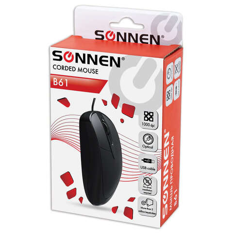 Мышь проводная SONNEN B61, USB, 1000 dpi, 2 кнопки + колесо-кнопка, оптическая, черная
