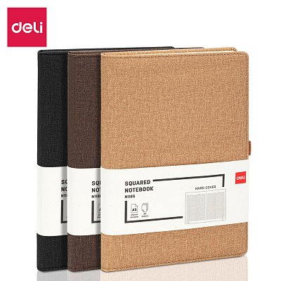 Блокнот Deli А5 96л 80 г/м тверд. облож, кл.5×5мм, петл/ручк, хаки кожа EN118G