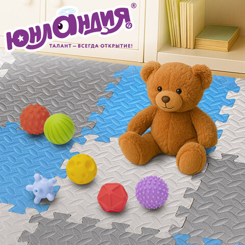 Коврик-пазл напольный 1.2×1.2 м, 16 шт., 30×30 см, толщина 1 см, серый, голубой, светло-серый, ЮНЛАНДИЯ