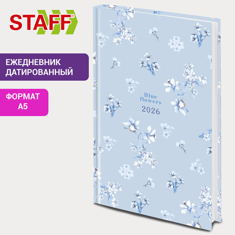 Ежедневник датированный 2026 145×215 мм, А5, STAFF, ламинированная обложка, «Blue Flowers»