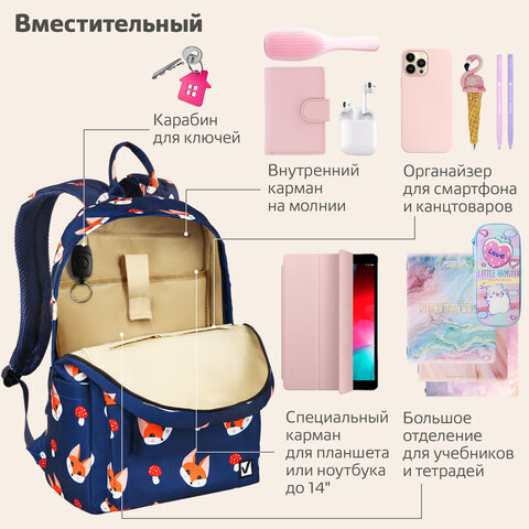 Рюкзак BRAUBERG DREAM универсальный с карманом для ноутбука, эргономичный, «Foxes», 42×26х14 см