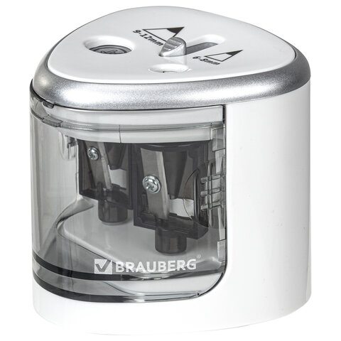 превью Точилка электрическая BRAUBERG DUAL (для 2 диаметров карандашей! ), 4 батарейки АА, белая