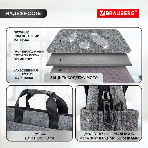Сумка-портфель BRAUBERG «Ultra» с отделением для ноутбука 15.6", темно-серая, 28×39х3 см
