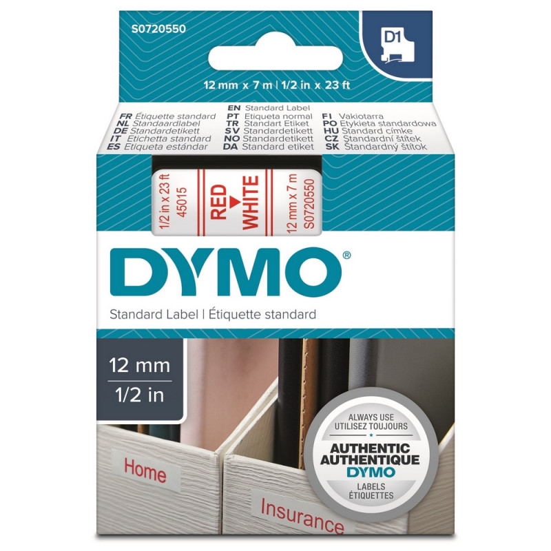 Картридж для принтеров этикеток DYMO D1, 12 мм х 7 м, лента пластиковая, красный шрифт, белый фон