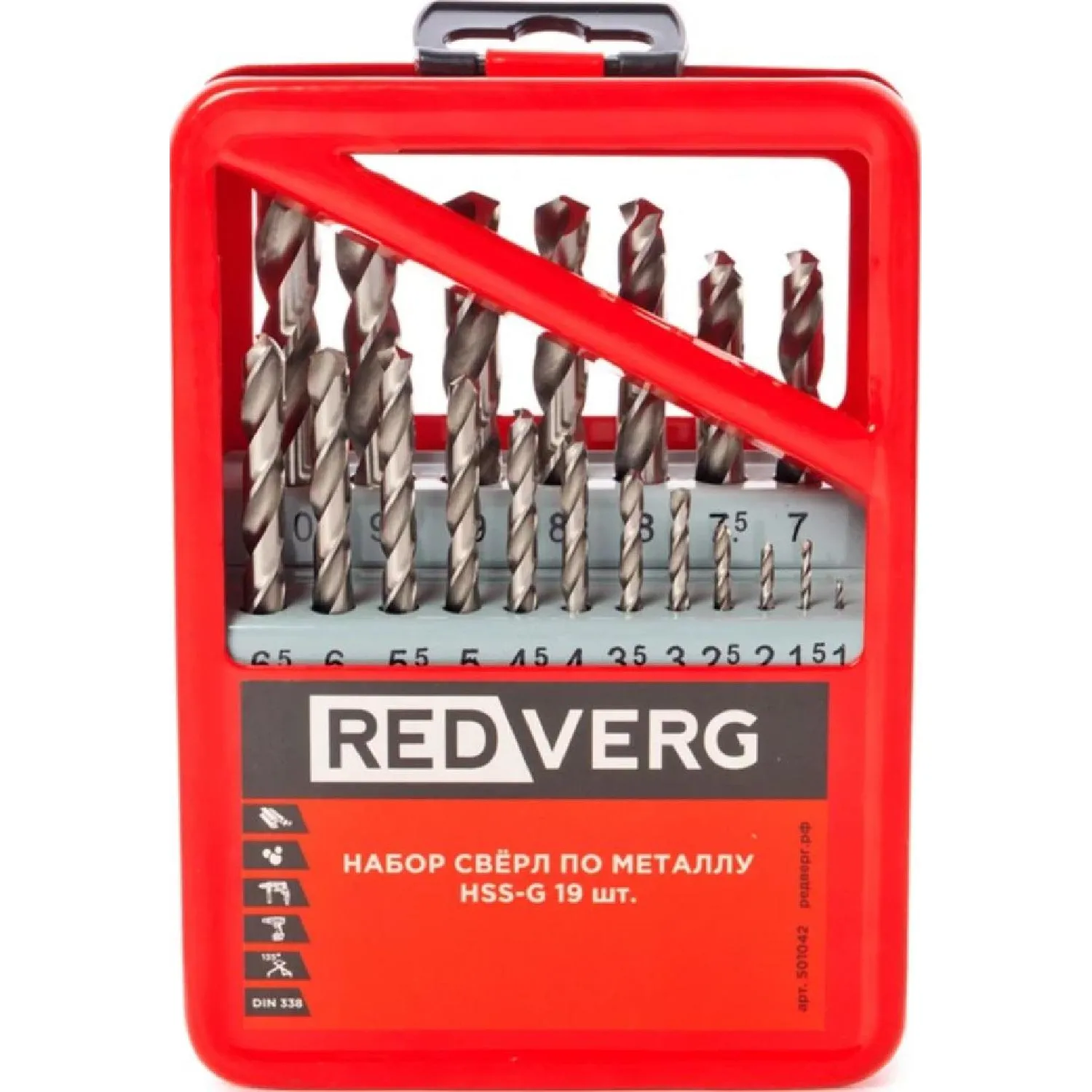 Набор свёрл спиральных по металлу Redverg 1-10 мм HSS-G с хвостовиком цилиндрическим 19 штук (501042)