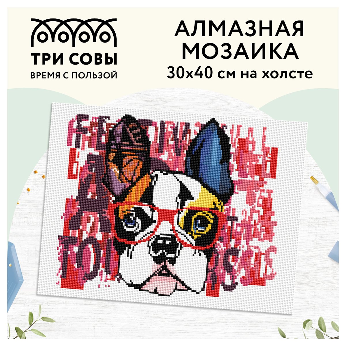 Алмазная мозаика ТРИ СОВЫ «Стильный бульдог», 30×40см, холст, картонная коробка с пластиковой ручкой