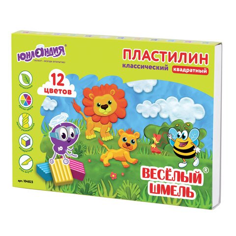 Пластилин классический ЮНЛАНДИЯ «ВЕСЁЛЫЙ ШМЕЛЬ», 12 цветов, 204 г, БЕЗ СТЕКА, КВАДРАТНЫЙ