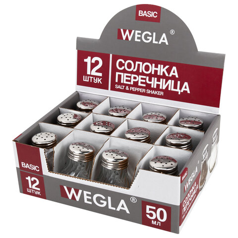 Солонка-перечница 50 мл, BASIC, баночка для специй, стекло/сталь, дисплей, WEGLA (ВЕГЛА)