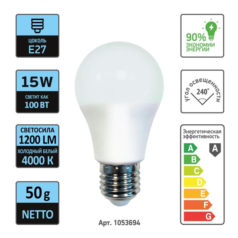 Лампа светодиодная Mega E27 15W 4000K груша нейтральный белый свет
