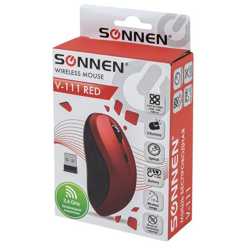 Мышь беспроводная SONNEN V-111, USB, 800/1200/1600 dpi, 4 кнопки, оптическая, красная