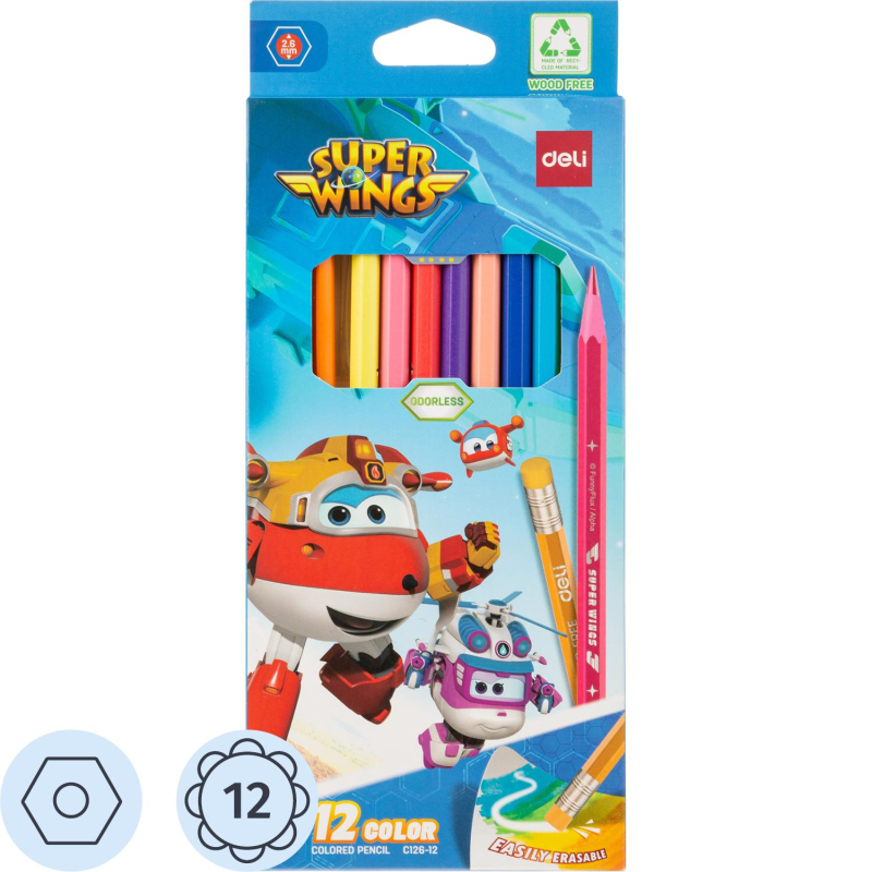 превью Карандаши цветные Deli Super Wings EC126-12, 12 цв/наб, 6-гранные, пластик