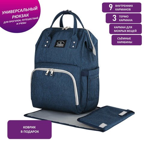 Рюкзак для мамы BRAUBERG MOMMY с ковриком, крепления на коляску, термокарманы, синий, 40×26x17 см