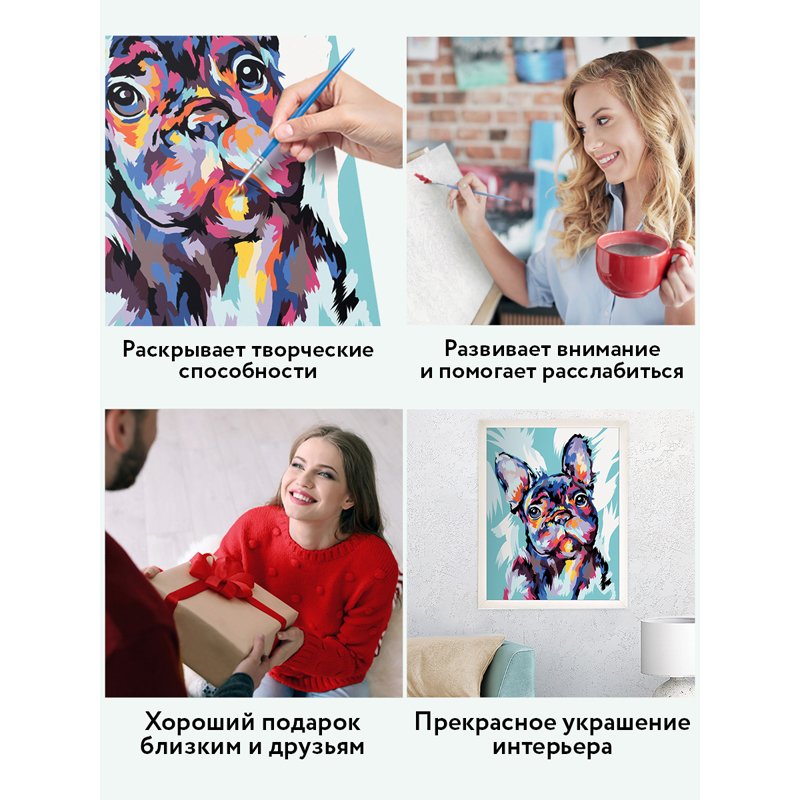 Картина по номерам на холсте ТРИ СОВЫ «Яркий французский бульдог», 40×50, с акриловыми красками и кистями