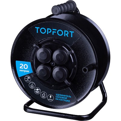 Удлинитель Topfort метал. КГ 3×2.5 кв. мм 20м 16А 4 гнезда с/з., с/загл., IP44