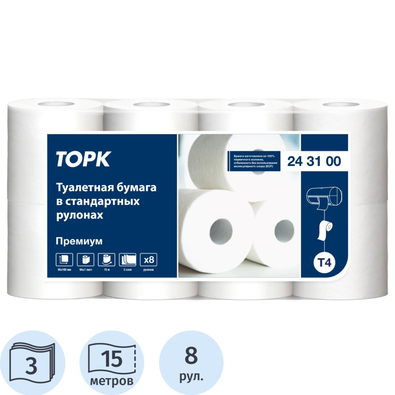 превью Бумага туалетная Tork T4 3сл бел перф Премиум целлюл 15м94л 8 рул/уп 243100