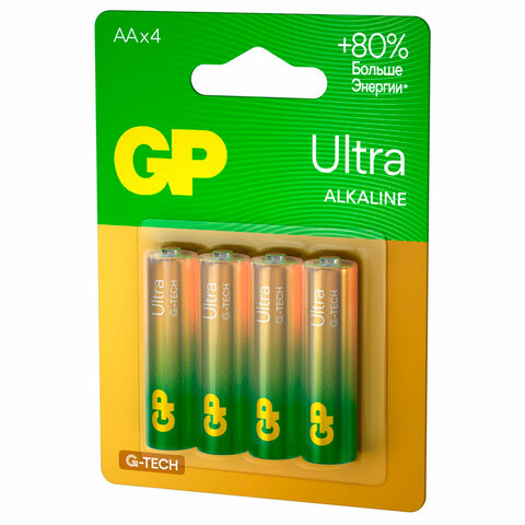 Батарейки КОМПЛЕКТ 4 шт., GP Ultra G-Tech, AA (LR6, 15А), алкалиновые, пальчиковые
