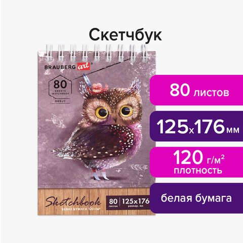 Скетчбук, белая бумага 120 г/м2 125×176 мм, 80 л., гребень, твердая обложка, BRAUBERG ART DEBUT