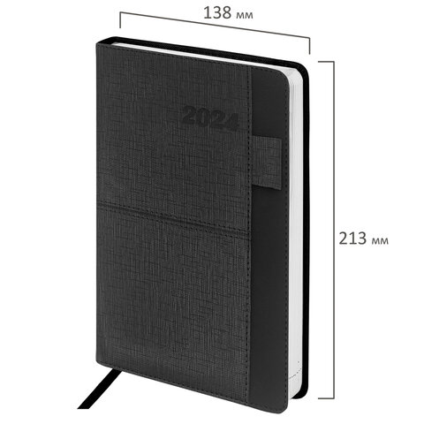 Ежедневник датированный 2024 А5 138×213мм BRAUBERG Pocket, под кожу, карм, держатель для ручки, черный