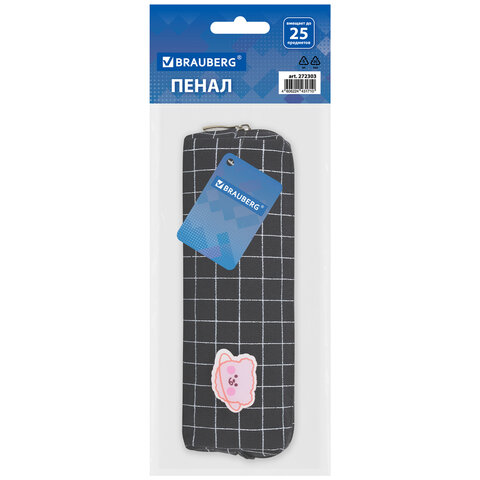 Пенал BRAUBERG, 1 отделение, полиэстер, «Cute bear», черный, 19×4х6 см