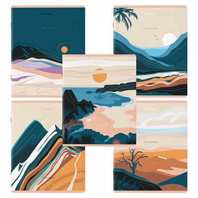 Тетради КОМПЛЕКТ 5 шт. А5, 48 л., BRAUBERG, скоба, клетка, SoftTouch, фольга, «Mountains»