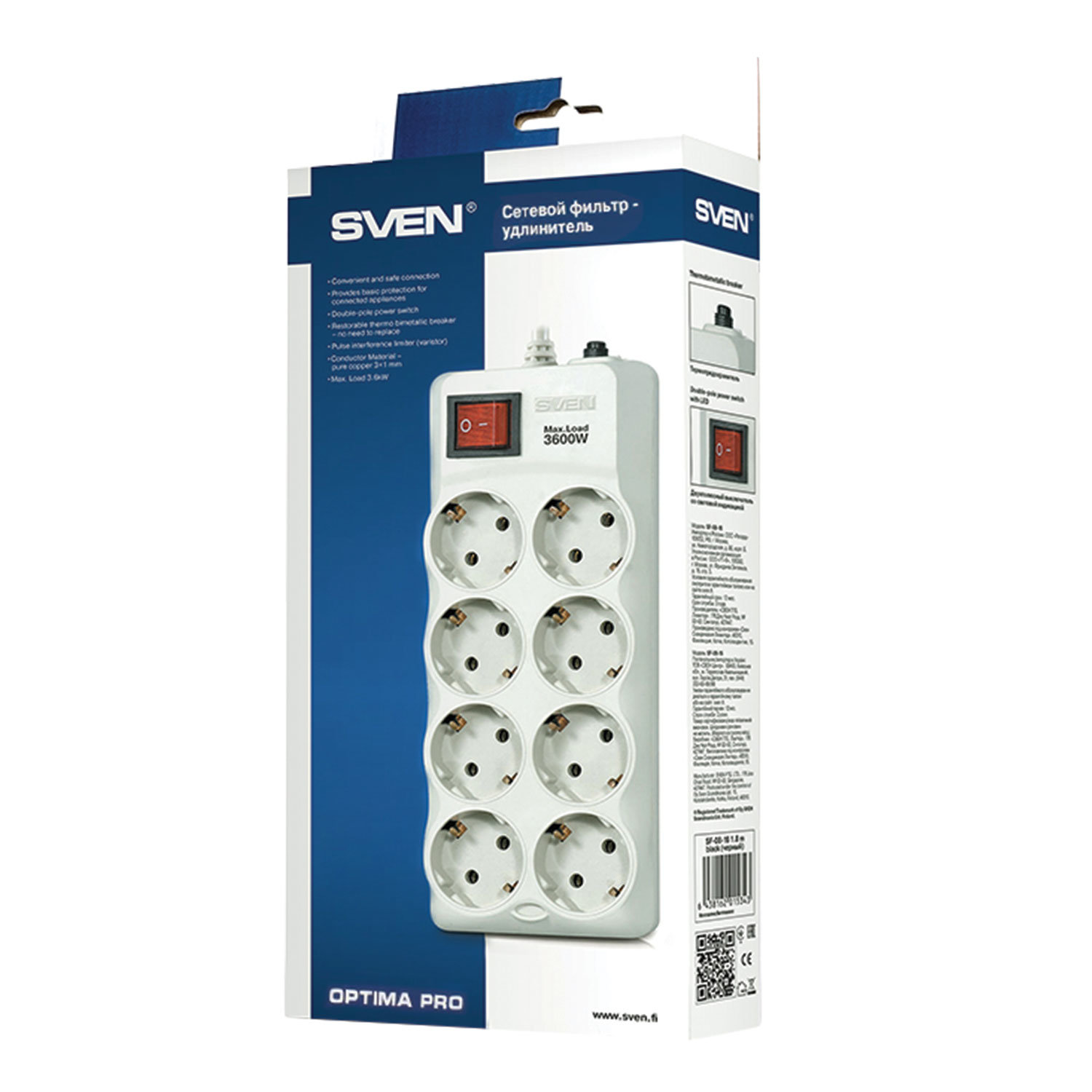 Сетевой фильтр SVEN Optima Pro, 8 розеток, 1.8 м, серый