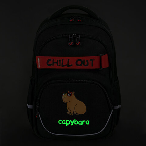 Рюкзак BRAUBERG MOTION, 2 отделения, 3 кармана, «Calm capy», СВЕТЯЩИЙСЯ, 41×28х17 см